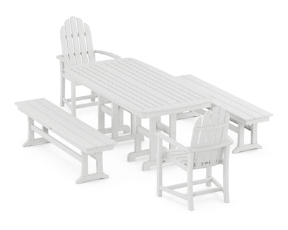 POLYWOOD Classic Adirondack 5-Piece Dining Set with Benches - 37" x 72" Table in White
