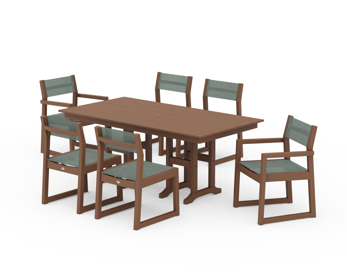 POLYWOOD EDGE Sling 7-Piece Farmhouse Dining Set in Teak / Dupioni Sea Mist