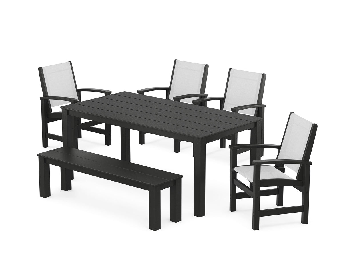 POLYWOOD Coastal 6-Piece Parsons Dining Set with Bench in Black / White