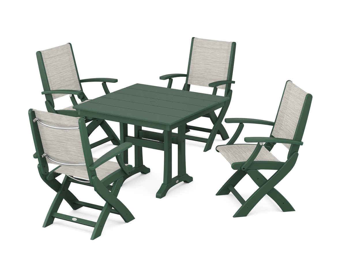 POLYWOOD Coastal Folding Chair 5-Piece Farmhouse Dining Set With Trestle Legs in Green / Birch