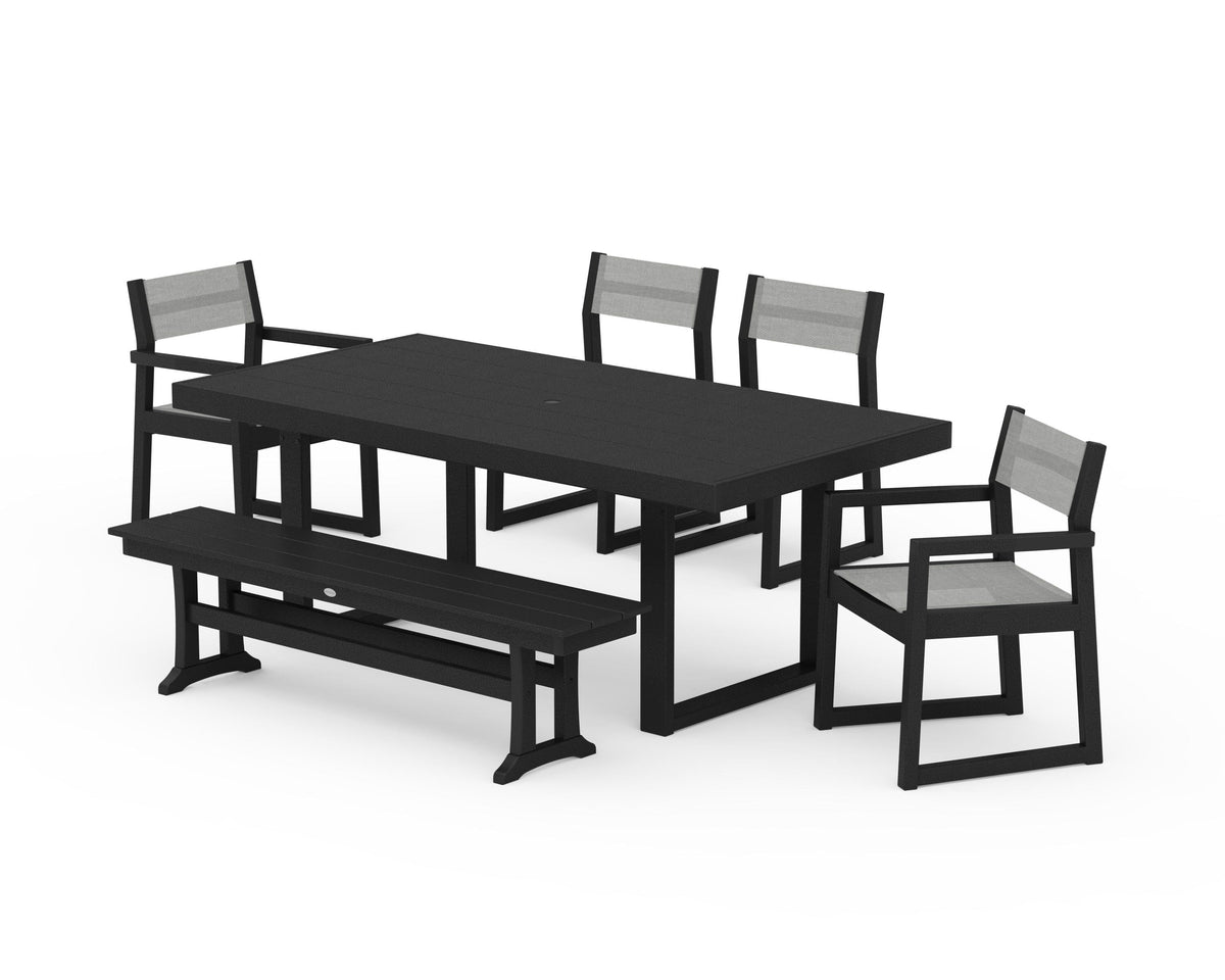 POLYWOOD EDGE Sling 6-Piece Dining Set with Bench in Black / Metallic