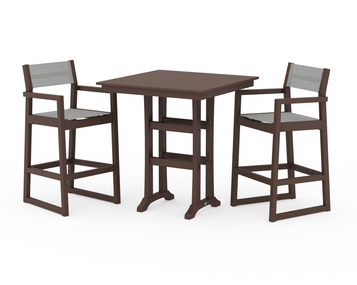 POLYWOOD EDGE Sling Arm Chair 3-Piece Farmhouse Bar Set with Trestle Legs in Mahogany / Metallic