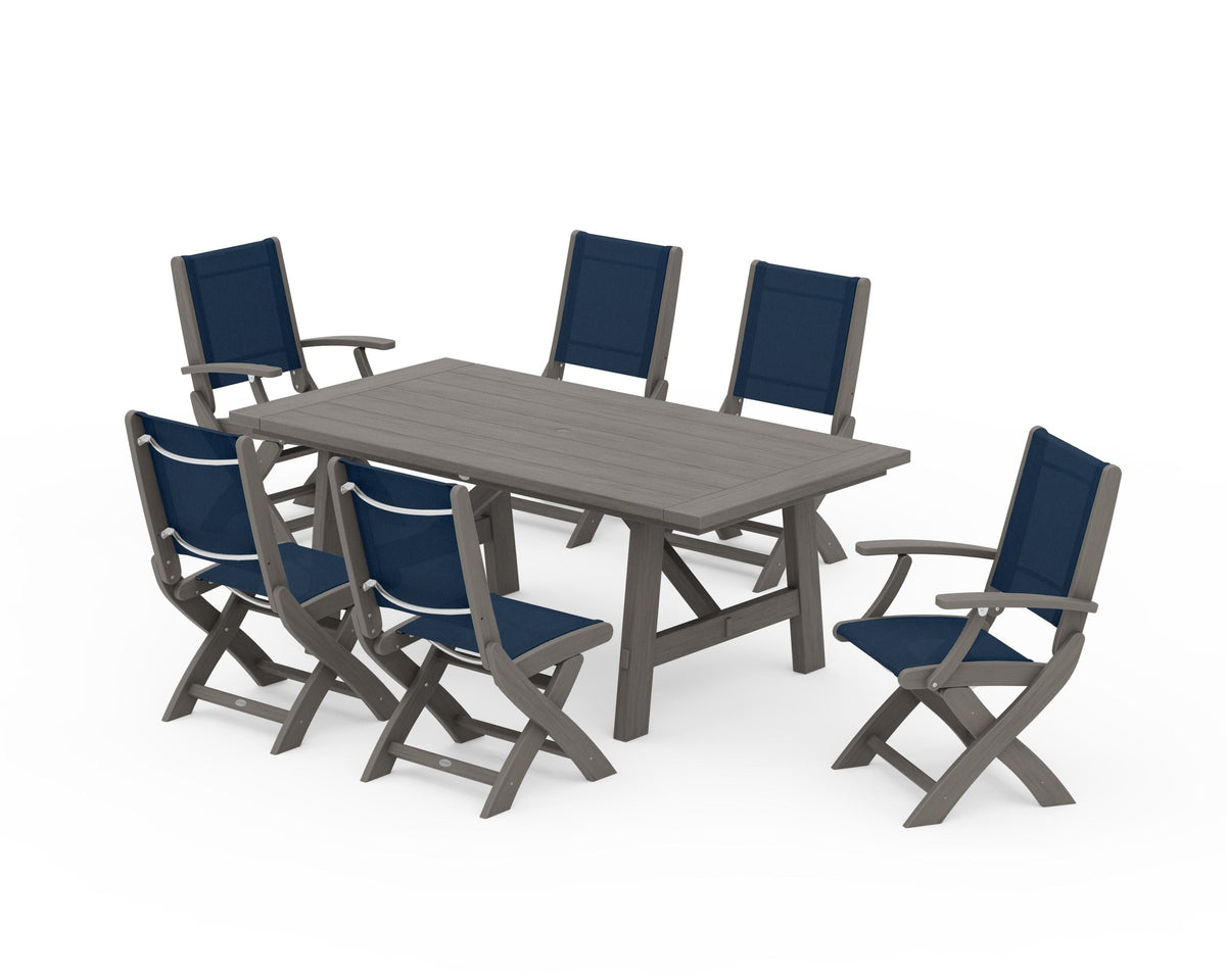 POLYWOOD Coastal Folding Chair 7-Piece Rustic Farmhouse Dining Set in Driftwood / Navy Blue
