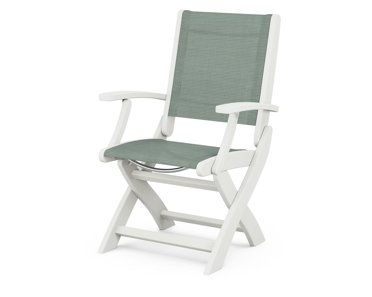 POLYWOOD Coastal Folding Chair in Vintage White with Vintage White arms and Dupioni Sea Mist sling