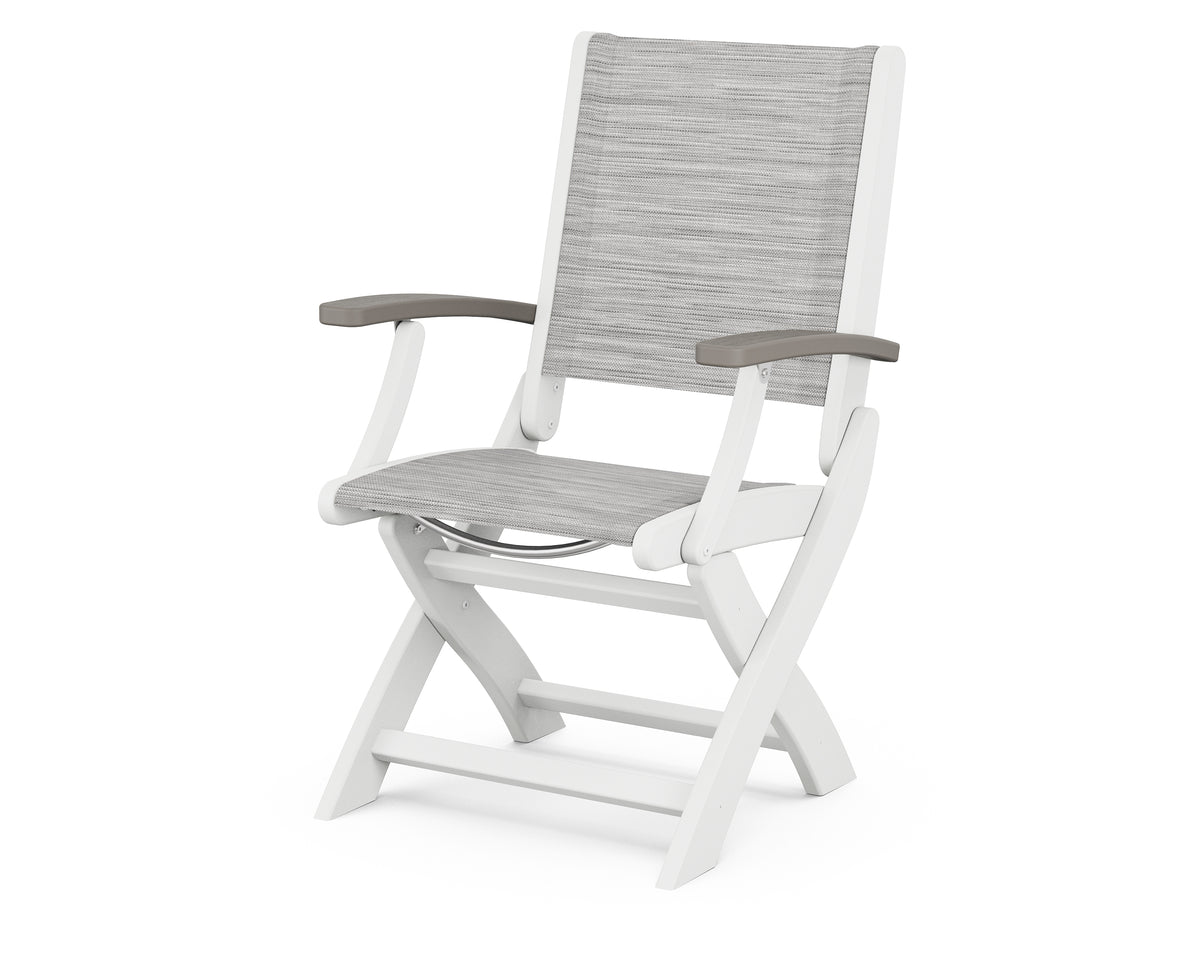 POLYWOOD Coastal Folding Chair in White with Driftwood arms and Metallic sling
