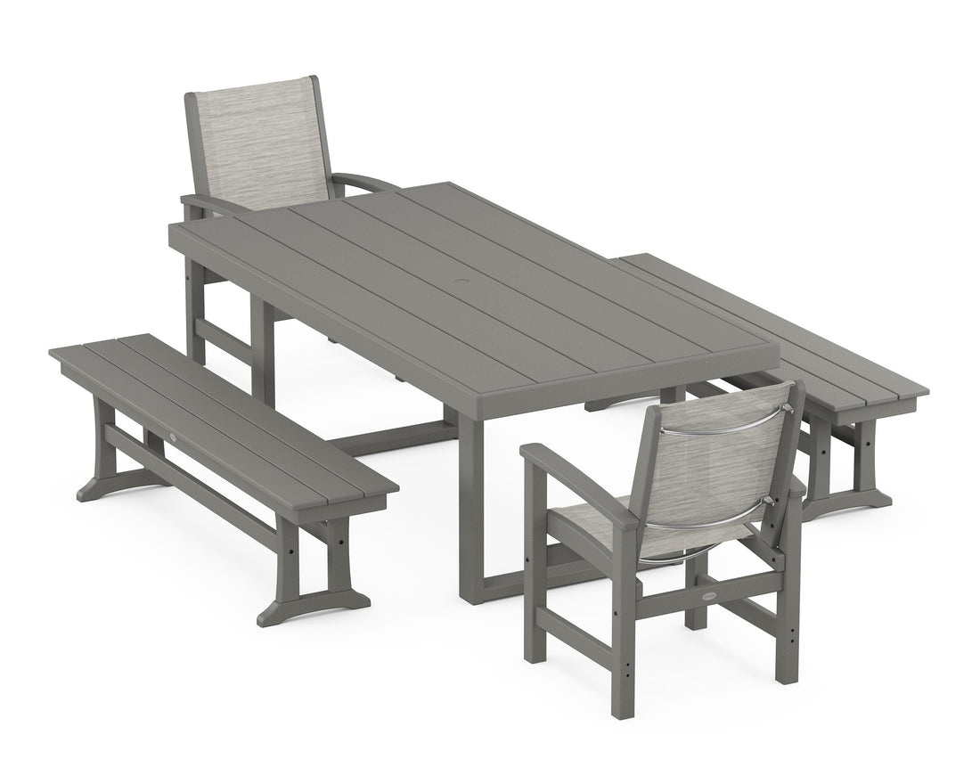 POLYWOOD Coastal 5-Piece Dining Set with Trestle Legs with EDGE 40" x 78" Dining Table in Slate Grey / Birch