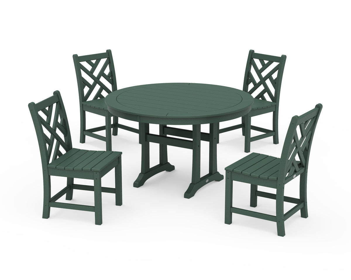 POLYWOOD Chippendale Side Chair 5-Piece Round Dining Set with Trestle Legs in Green