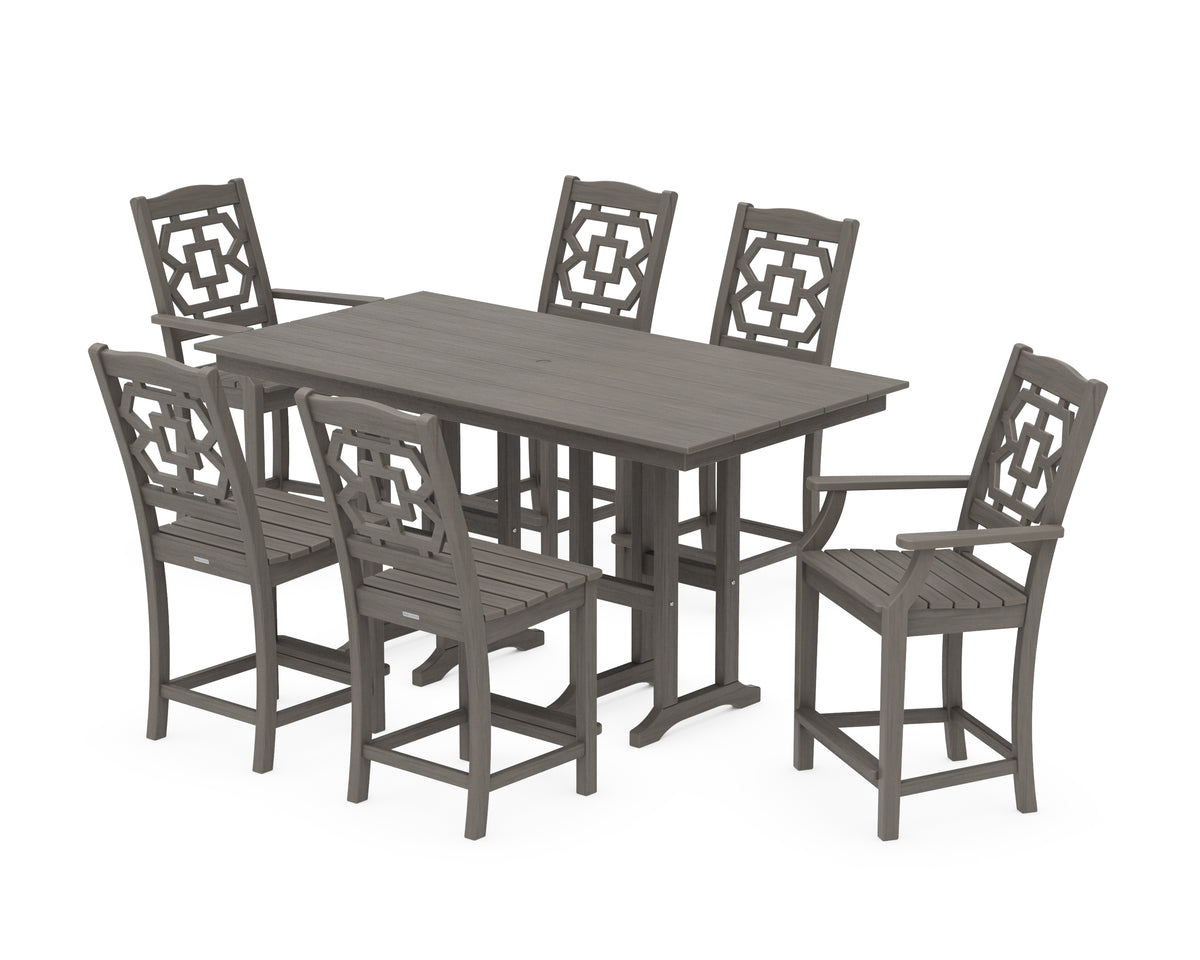 POLYWOOD Chinoiserie 7-Piece Farmhouse Counter Set in Driftwood