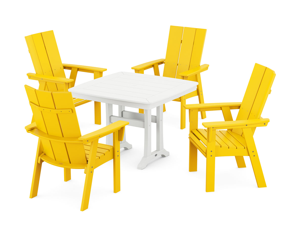 POLYWOOD Modern Adirondack 5-Piece Dining Set with Trestle Legs with Modern Curveback Adirondack Dining Chair in Lemon / White