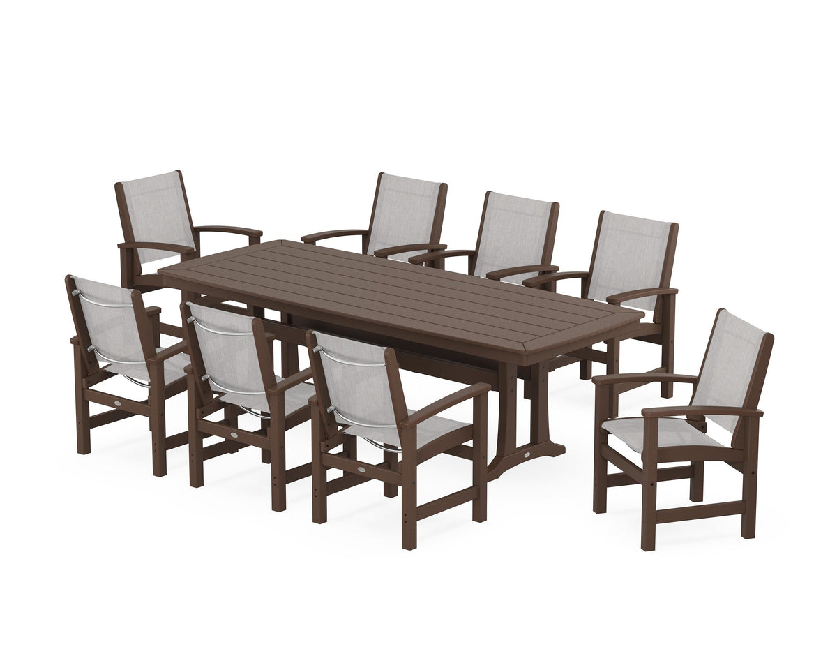 POLYWOOD Coastal 9-Piece Dining Set with Trestle Legs in Mahogany / Parchment