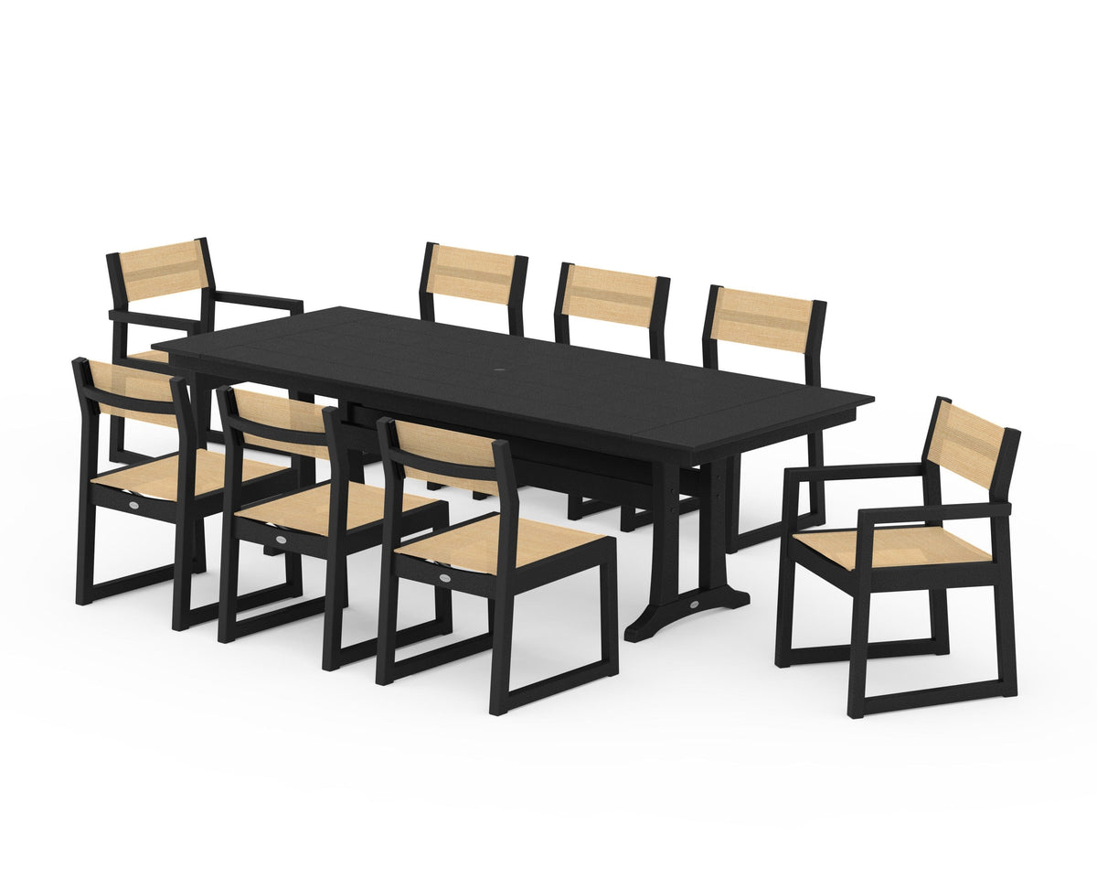 POLYWOOD EDGE Sling 9-Piece Farmhouse Trestle Dining Set in Black / Dupioni Apricot