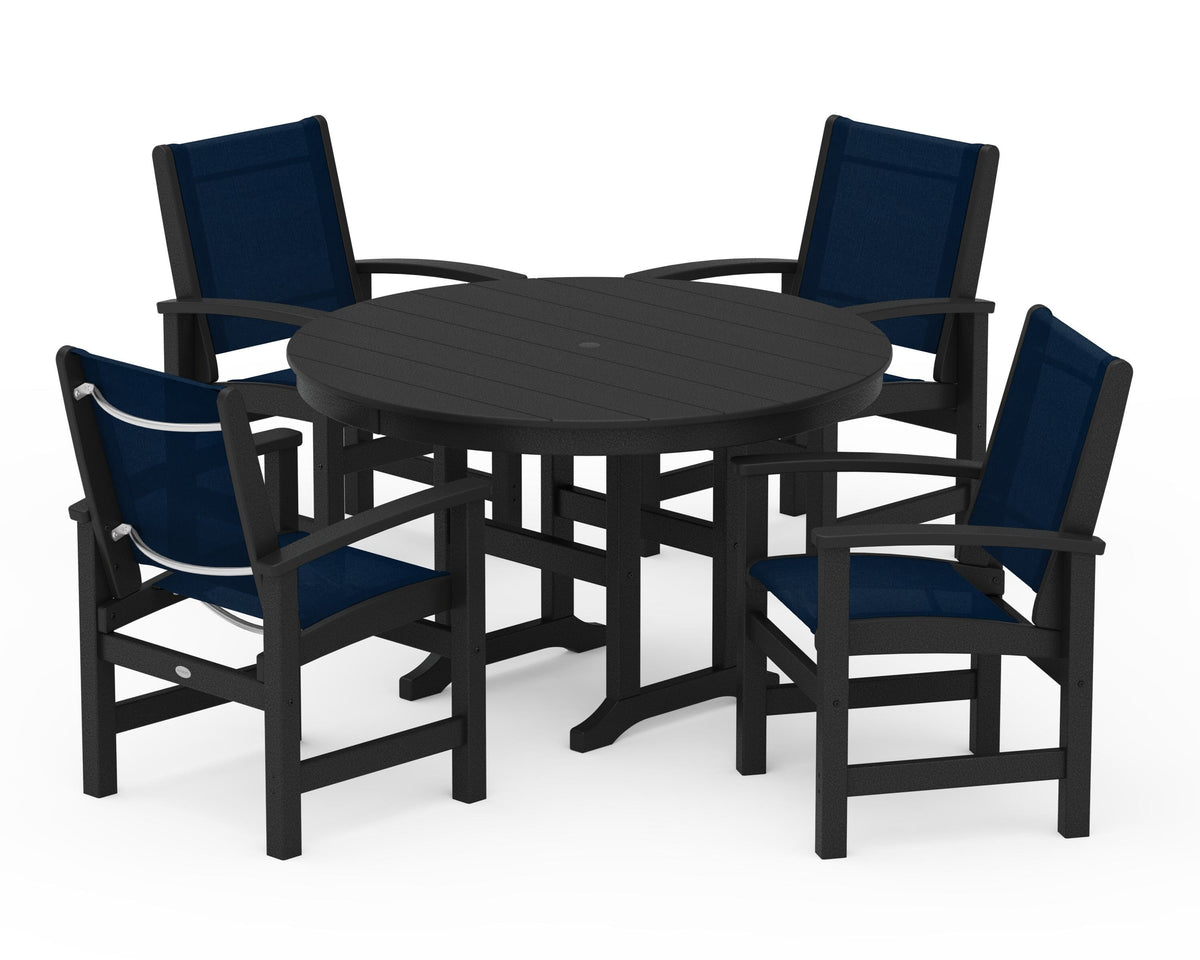 POLYWOOD Coastal 5-Piece Round Farmhouse Dining Set in Black / Navy Blue