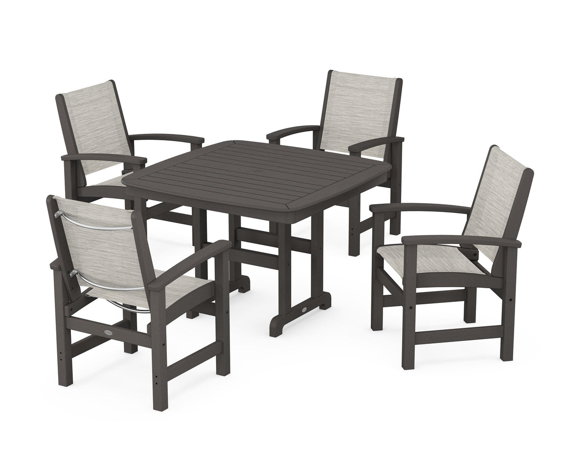 POLYWOOD Coastal 5-Piece Dining Set with Nautical 44" Dining Table in Vintage Coffee / Birch