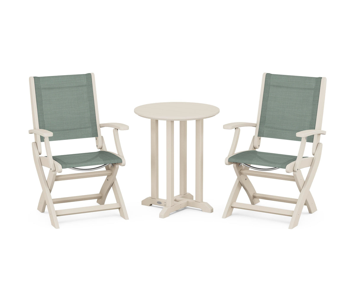 POLYWOOD Coastal Folding 3-Piece Round Bistro Dining Set in Sand / Dupioni Sea Mist