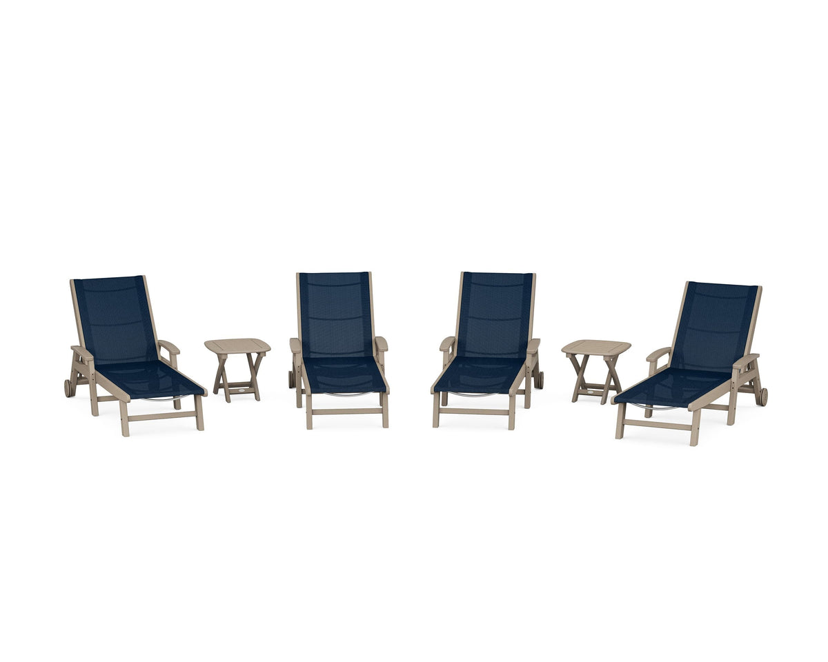 POLYWOOD Coastal Chaise 6-Piece Set with Wheels in Vintage Sahara / Navy Blue