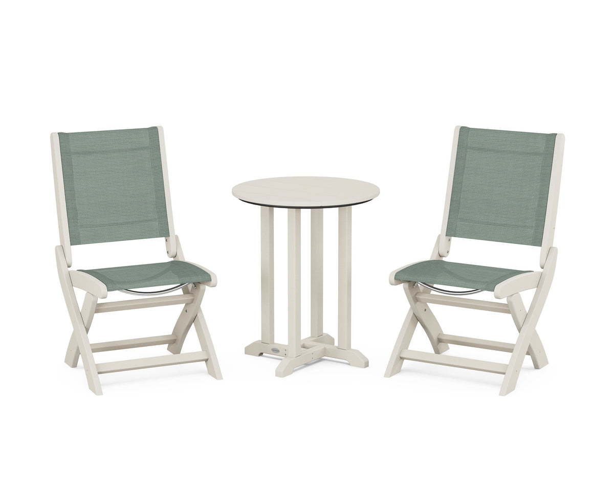 POLYWOOD Coastal Folding Side Chair 3-Piece Round Bistro Dining Set in Sand / Dupioni Sea Mist