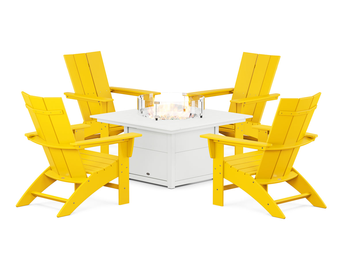POLYWOOD Modern Curveback Adirondack 5-Piece Conversation Set with Fire Pit Table in Lemon / White
