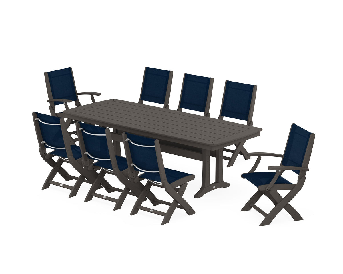 POLYWOOD Coastal Folding 9-Piece Dining Set with Trestle Legs in Vintage Coffee / Navy Blue