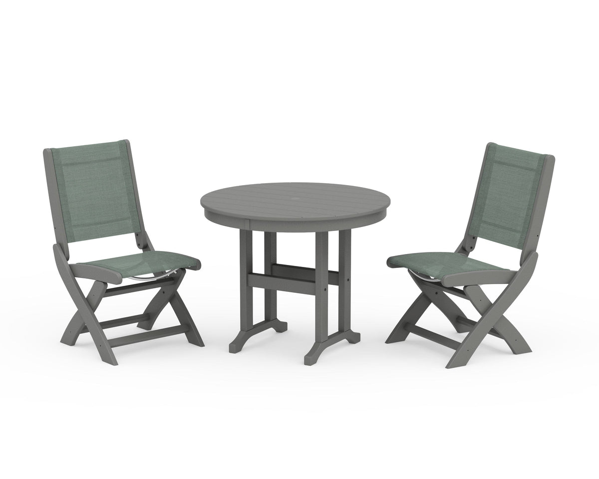 POLYWOOD Coastal Folding Side Chair 3-Piece Round Dining Set in Slate Grey / Dupioni Sea Mist