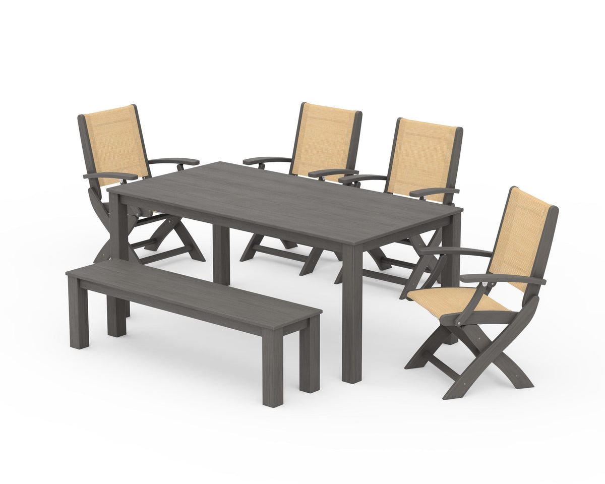 POLYWOOD Coastal Folding Chair 6-Piece Parsons Dining Set with Bench in Driftwood / Dupioni Apricot