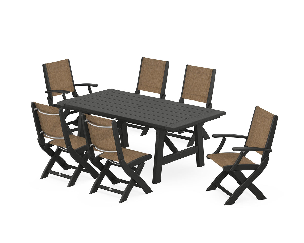 POLYWOOD Coastal Folding Chair 7-Piece Rustic Farmhouse Dining Set in Black / Burlap