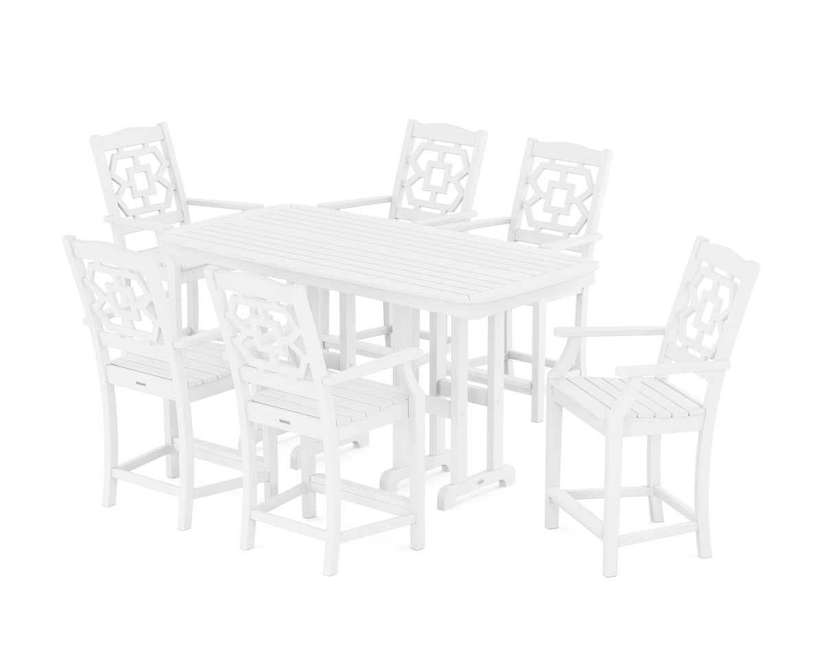 POLYWOOD Chinoiserie Arm Chair 7-Piece Counter Set in White