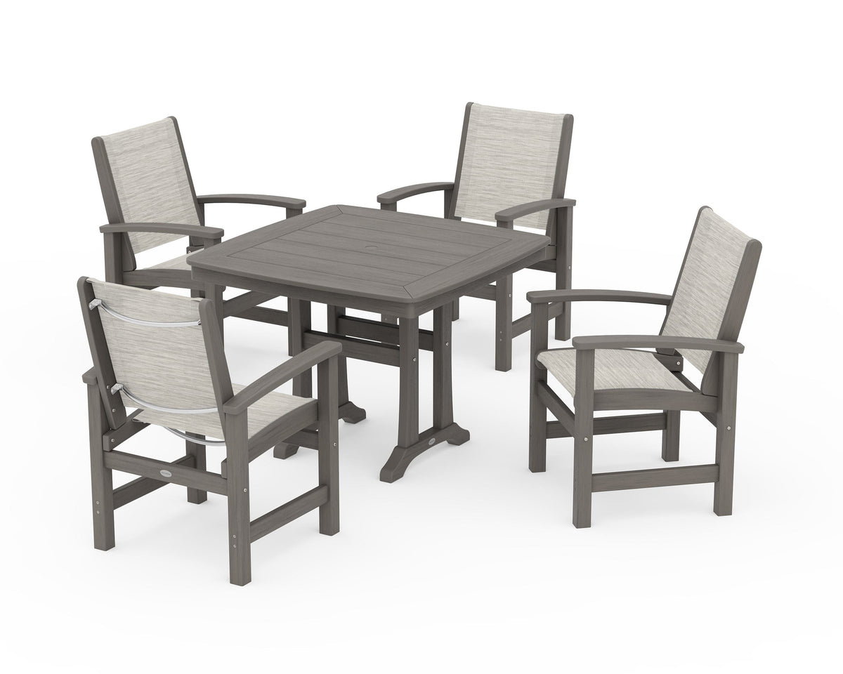 POLYWOOD Coastal 5-Piece Dining Set with Trestle Legs with Nautical Trestle 37" Dining Table in Driftwood / Birch