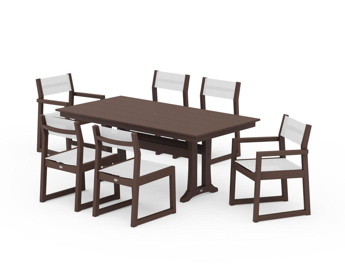 POLYWOOD EDGE Sling 7-Piece Farmhouse Trestle Dining Set in Mahogany / White