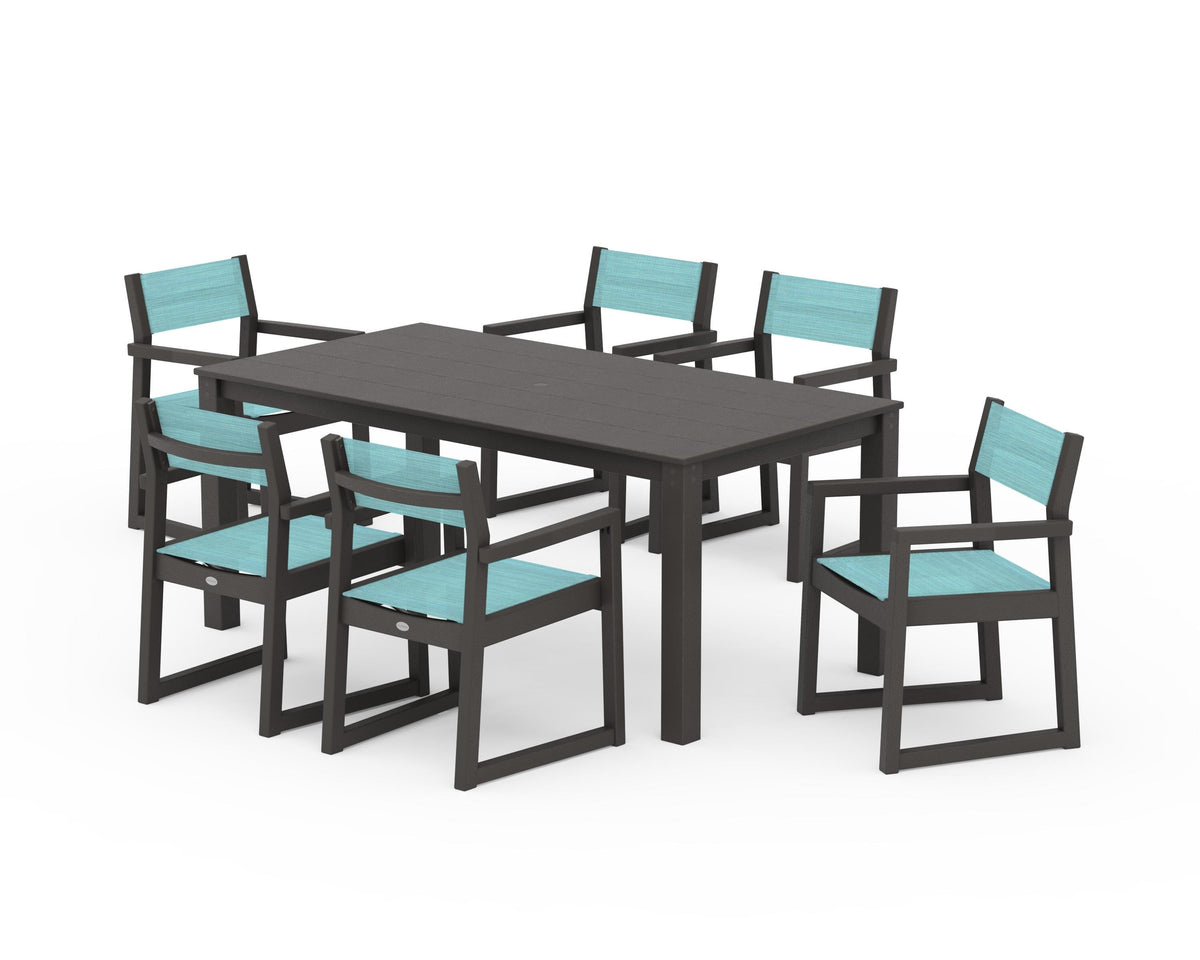 POLYWOOD EDGE Sling Arm Chair 7-Piece Parsons Dining Set in Vintage Coffee / Dupioni Aquamarine