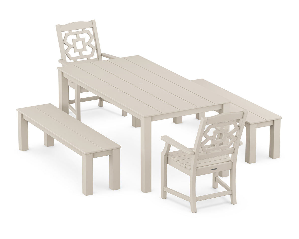 POLYWOOD Chinoiserie 5-Piece Parsons Dining Set with Benches in Sand