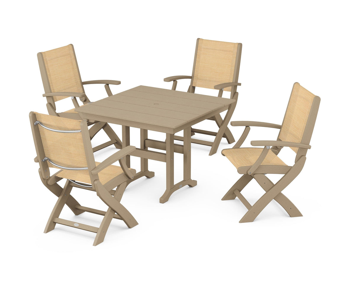 POLYWOOD Coastal Folding Chair 5-Piece Farmhouse Dining Set in Vintage Sahara / Dupioni Apricot