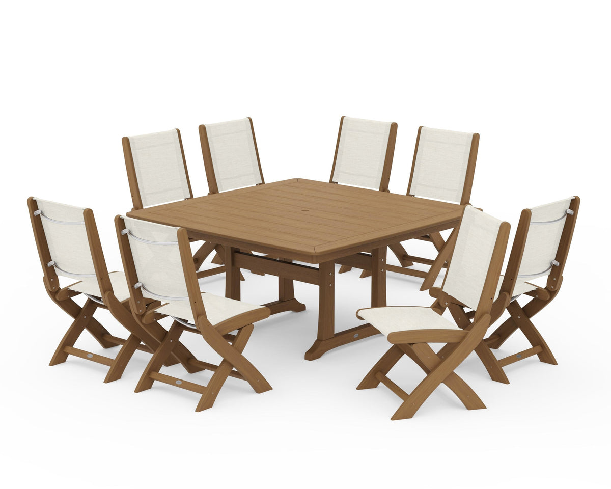 POLYWOOD Coastal Folding Side Chair 9-Piece Dining Set with Trestle Legs in Natural / Parchment