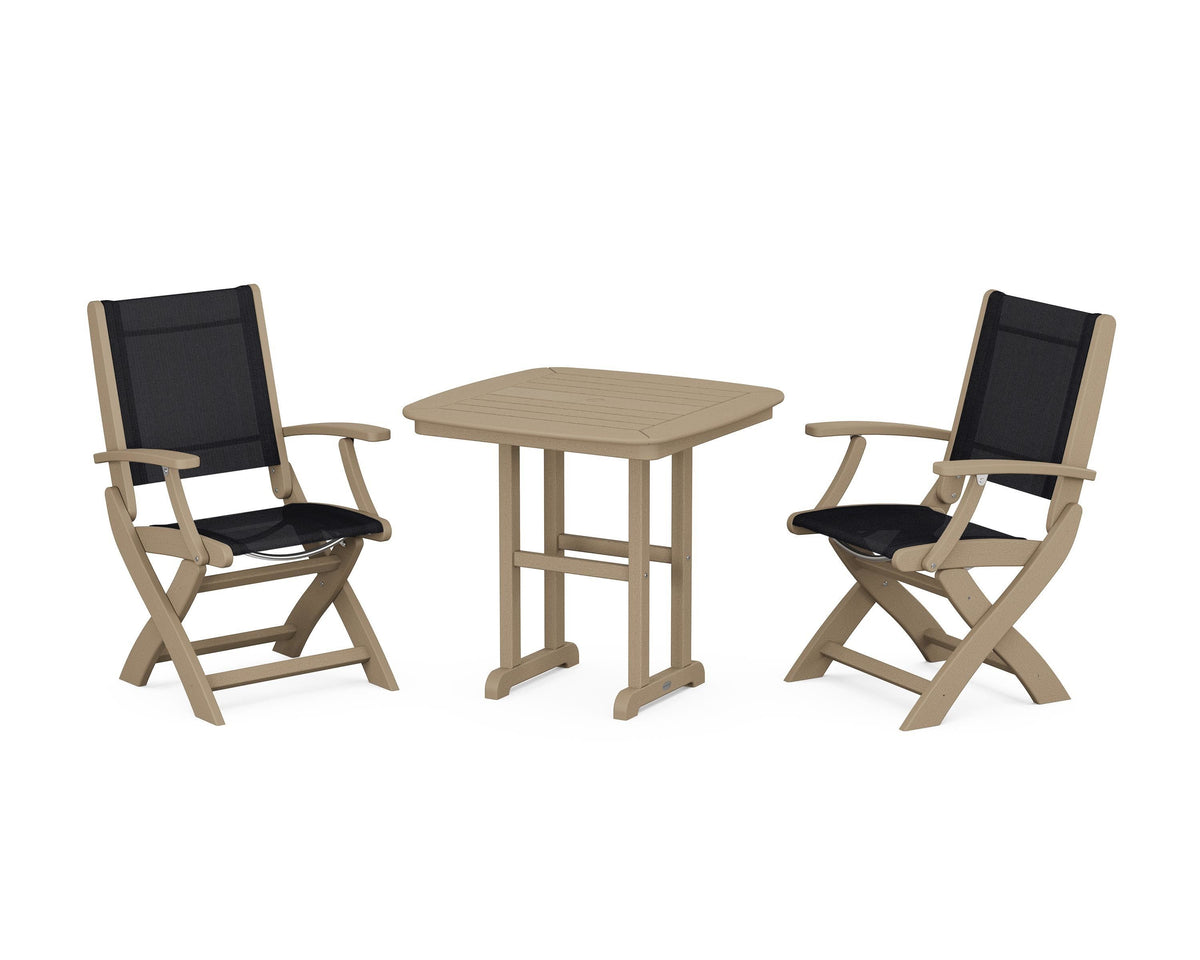 POLYWOOD Coastal Folding Chair 3-Piece Dining Set in Vintage Sahara / Black