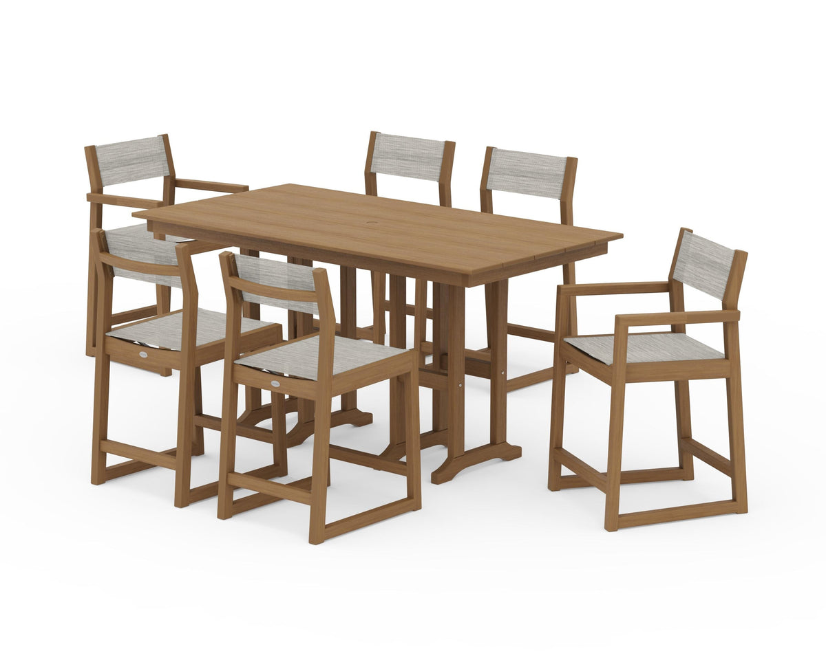 POLYWOOD EDGE Sling 7-Piece Farmhouse Counter Set with Trestle Legs in Natural / Birch