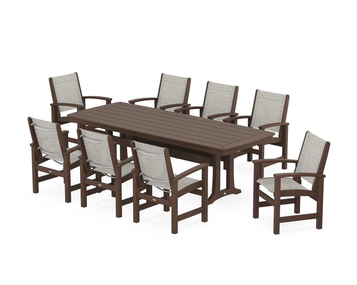 POLYWOOD Coastal 9-Piece Dining Set with Trestle Legs in Mahogany / Birch