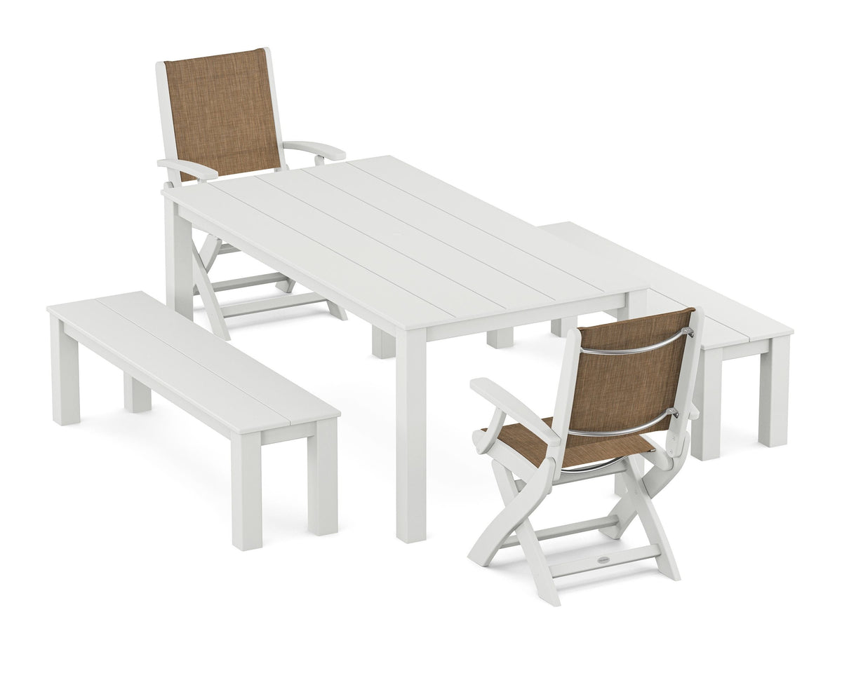 POLYWOOD Coastal Folding Chair 5-Piece Parsons Dining Set with Benches in White / Burlap