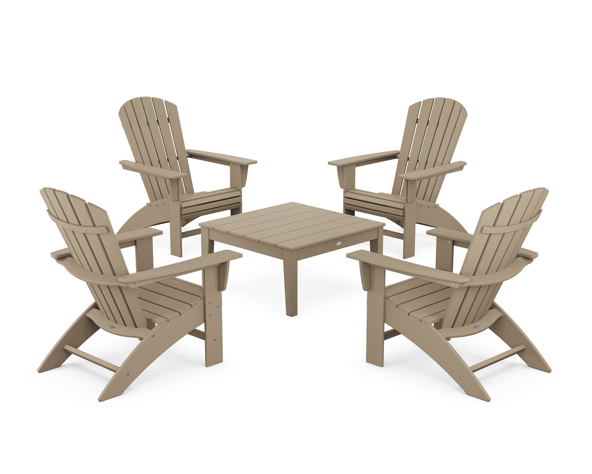 POLYWOOD 5-Piece Nautical Curveback Adirondack Chair Conversation Set with 36" Conversation Table in Vintage Sahara