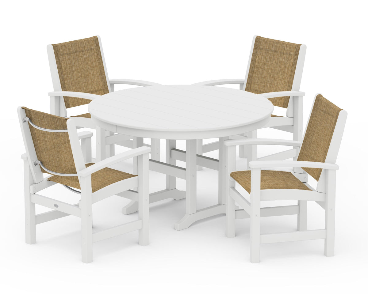 POLYWOOD Coastal 5-Piece Round Farmhouse Dining Set in White / Burlap