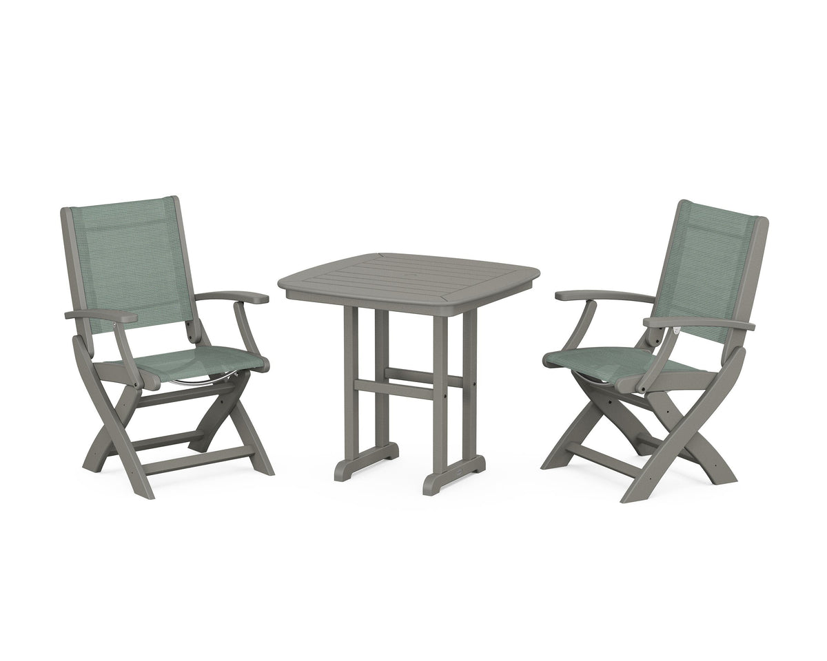 POLYWOOD Coastal Folding Chair 3-Piece Dining Set in Slate Grey / Dupioni Sea Mist