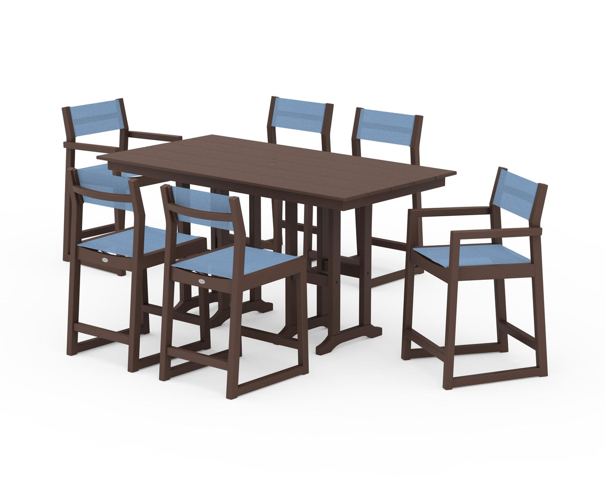 POLYWOOD EDGE Sling 7-Piece Farmhouse Counter Set with Trestle Legs in Mahogany / Poolside