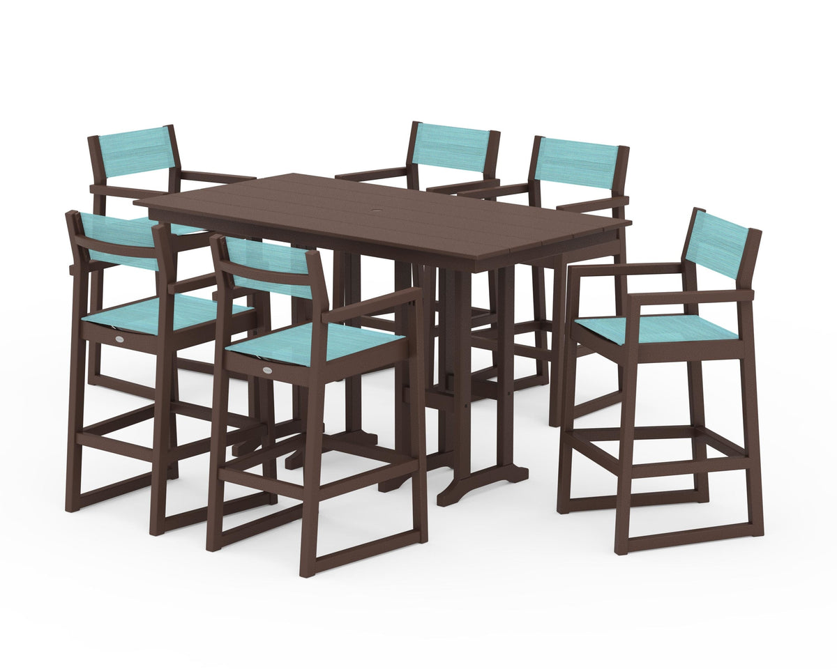 POLYWOOD EDGE Sling Arm Chair 7-Piece Farmhouse Bar Set in Mahogany / Dupioni Aquamarine
