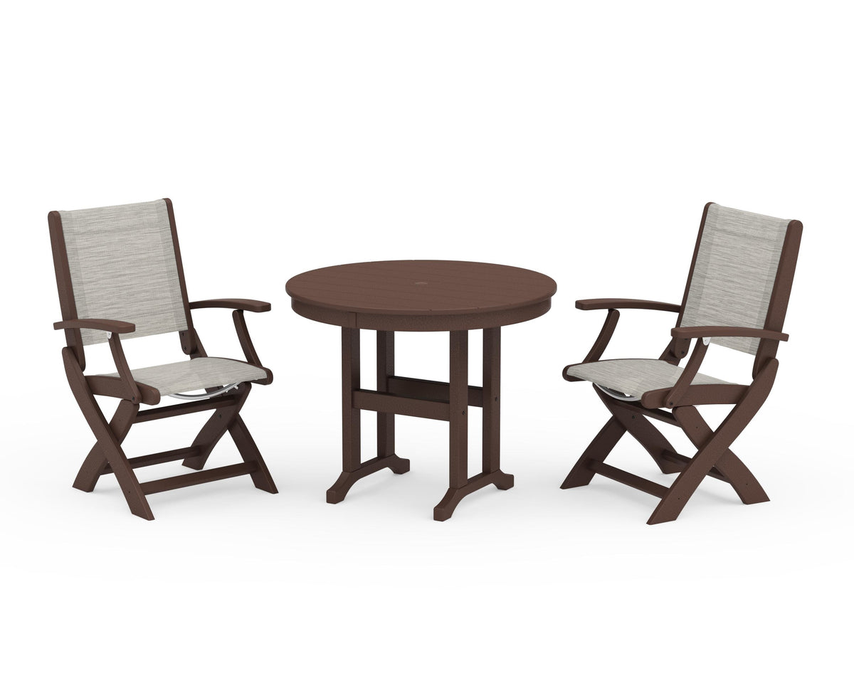 POLYWOOD Coastal Folding Chair 3-Piece Round Dining Set in Mahogany / Birch