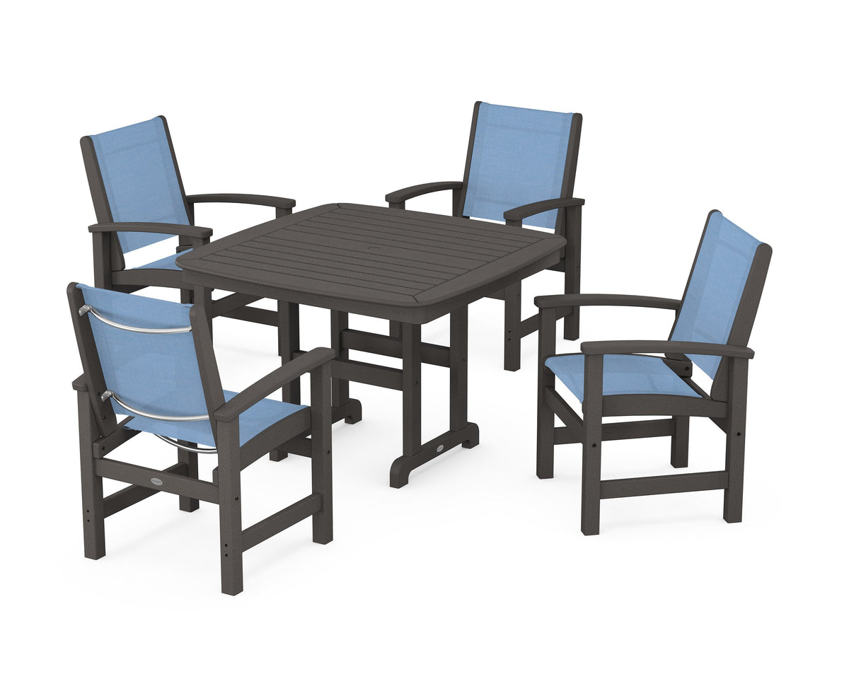 POLYWOOD Coastal 5-Piece Dining Set with Nautical 44" Dining Table in Vintage Coffee / Poolside