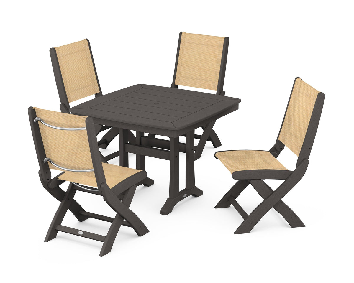 POLYWOOD Coastal Folding Side Chair 5-Piece Dining Set with Trestle Legs in Vintage Coffee / Dupioni Apricot