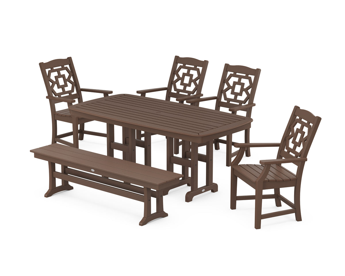 POLYWOOD Chinoiserie 6-Piece Dining Set with Bench in Mahogany