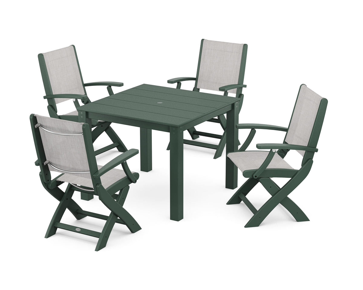 POLYWOOD Coastal Folding Chair 5-Piece Parsons Dining Set in Green / Parchment