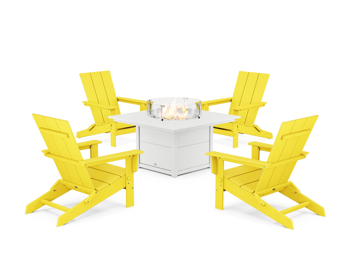POLYWOOD 5-Piece Modern Studio Folding Adirondack Conversation Set with Fire Pit Table in Lemon / White