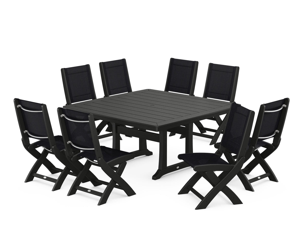 POLYWOOD Coastal Folding Side Chair 9-Piece Dining Set with Trestle Legs in Black / Black