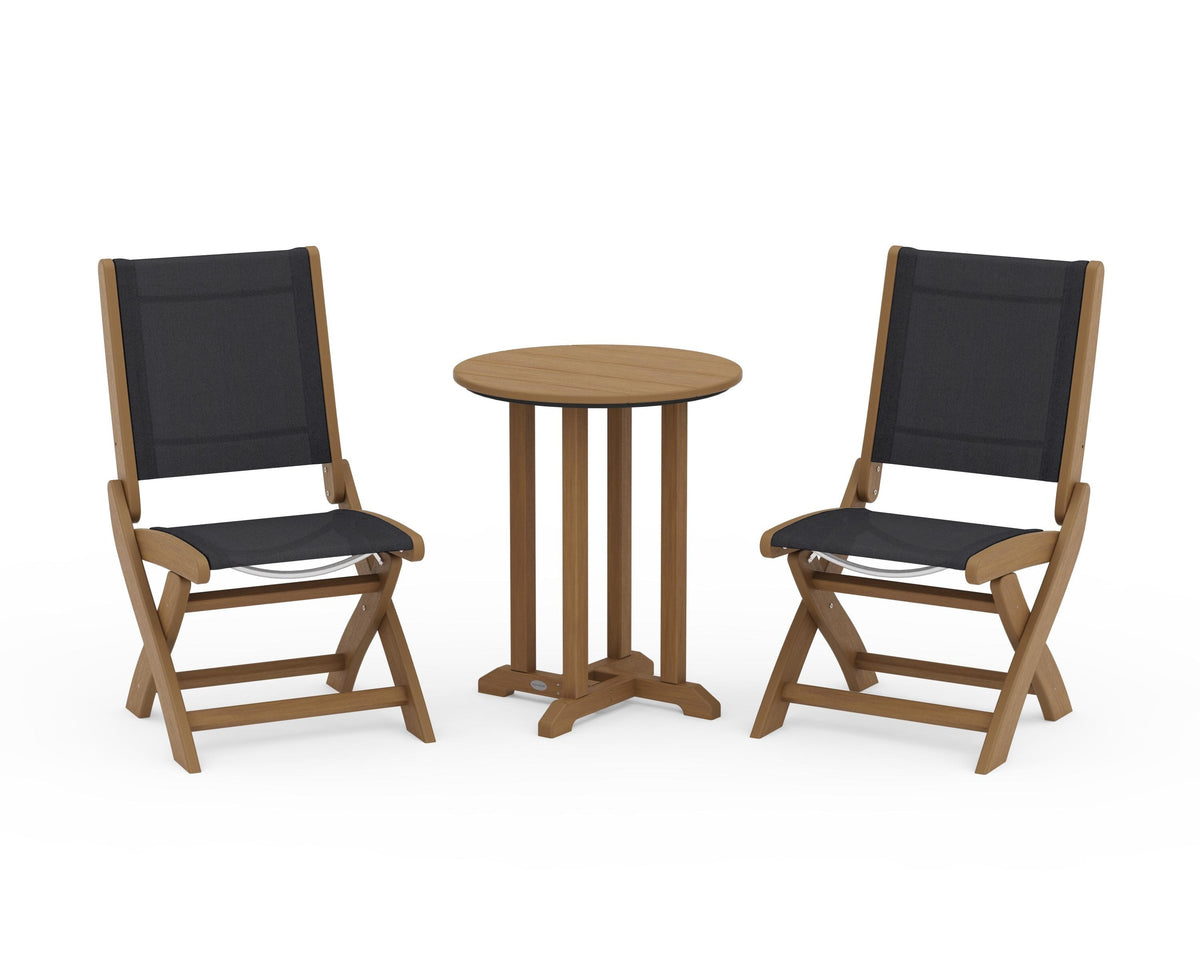 POLYWOOD Coastal Folding Side Chair 3-Piece Round Bistro Dining Set in Natural / Black