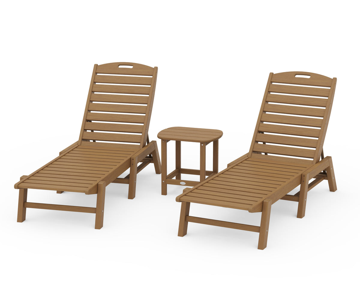 POLYWOOD Nautical 3-Piece Chaise Lounge Set with South Beach 18" Side Table in Natural